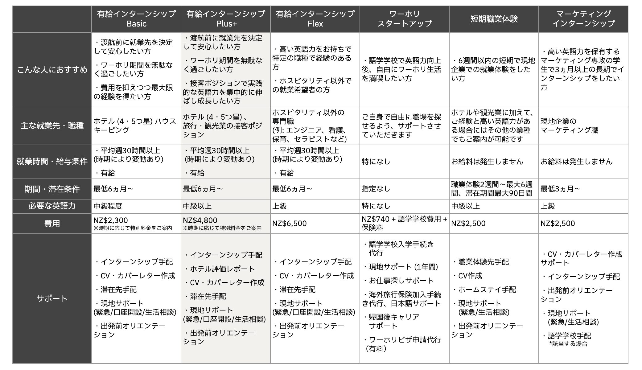 有給インターンシップ  Plus+の表