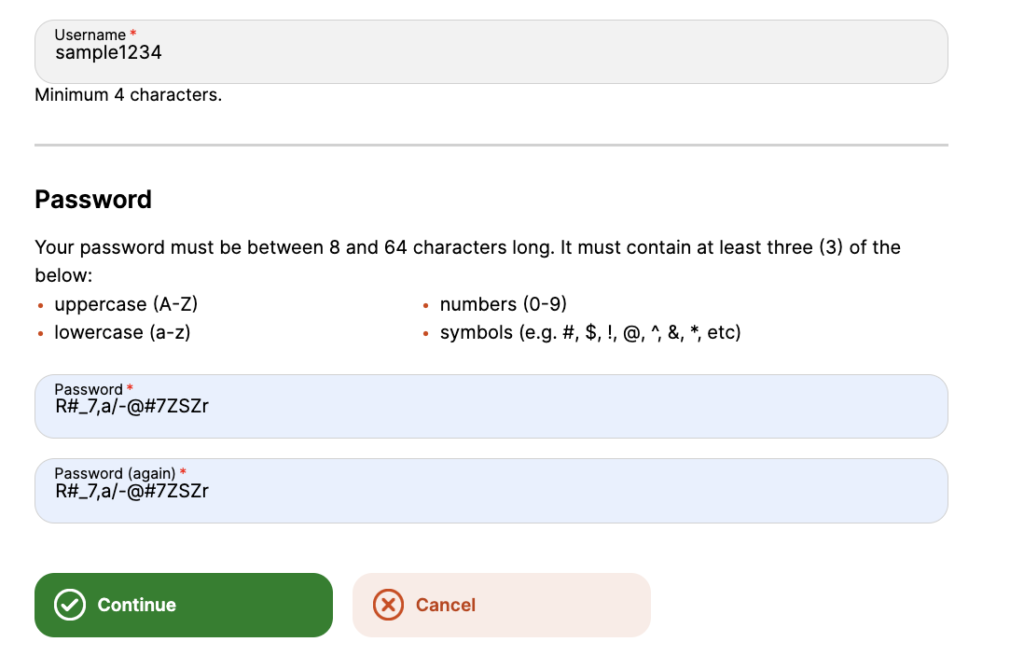 ユーザーネームとパスワード設定画面