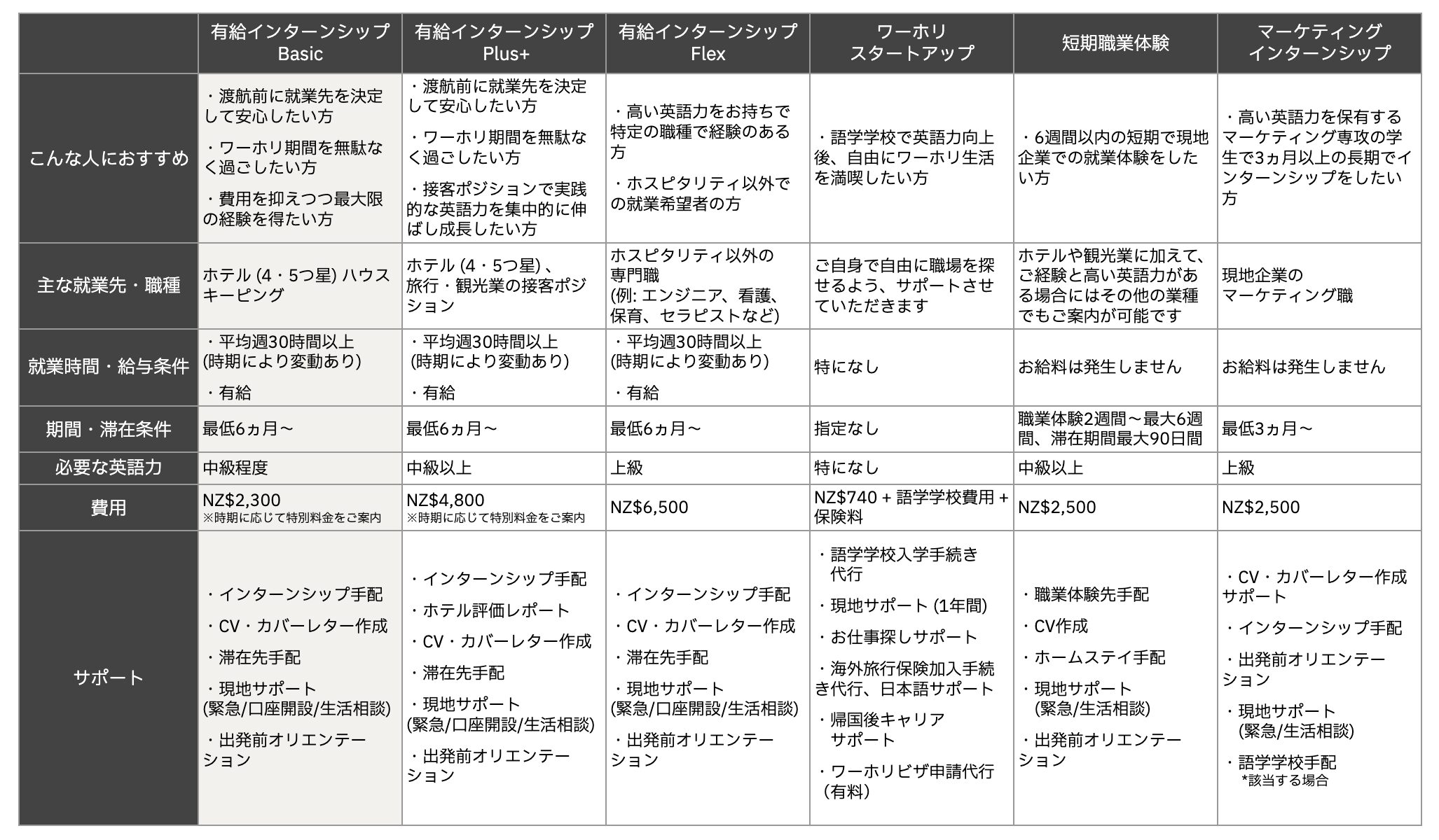 有給インターンシップbasicの表